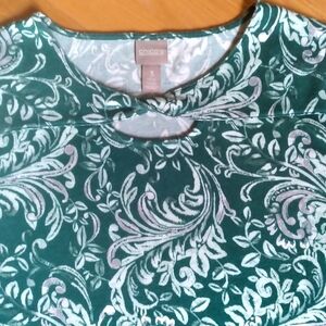 Chico's‎ Women's Green Paisley Plus Size Holiday Popover Sweater Knotted Detail